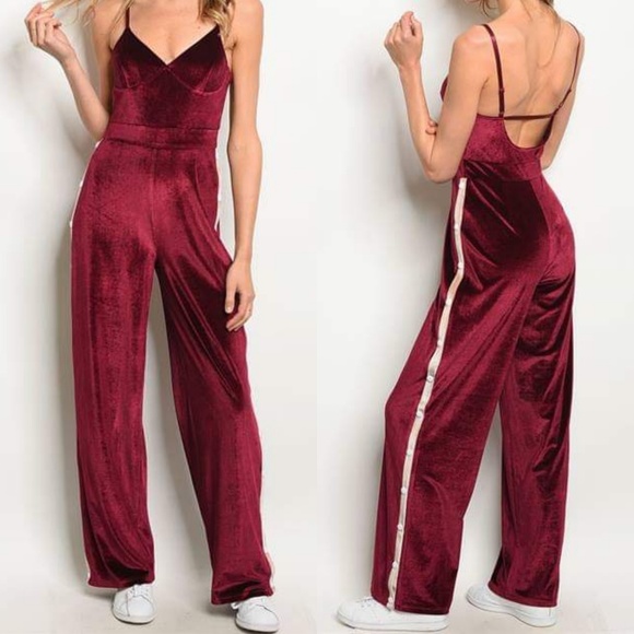 FAME VELVET STRIPE TRACK BURGUNDY JUMPSUIT - Picture 5 of 7